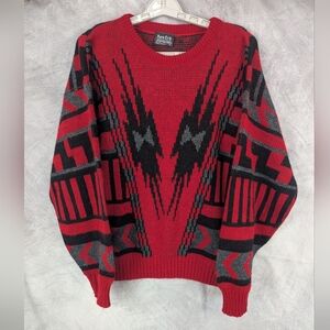 New Era Sweaters Size Large Vintage Sweater, Black/Red Geometric